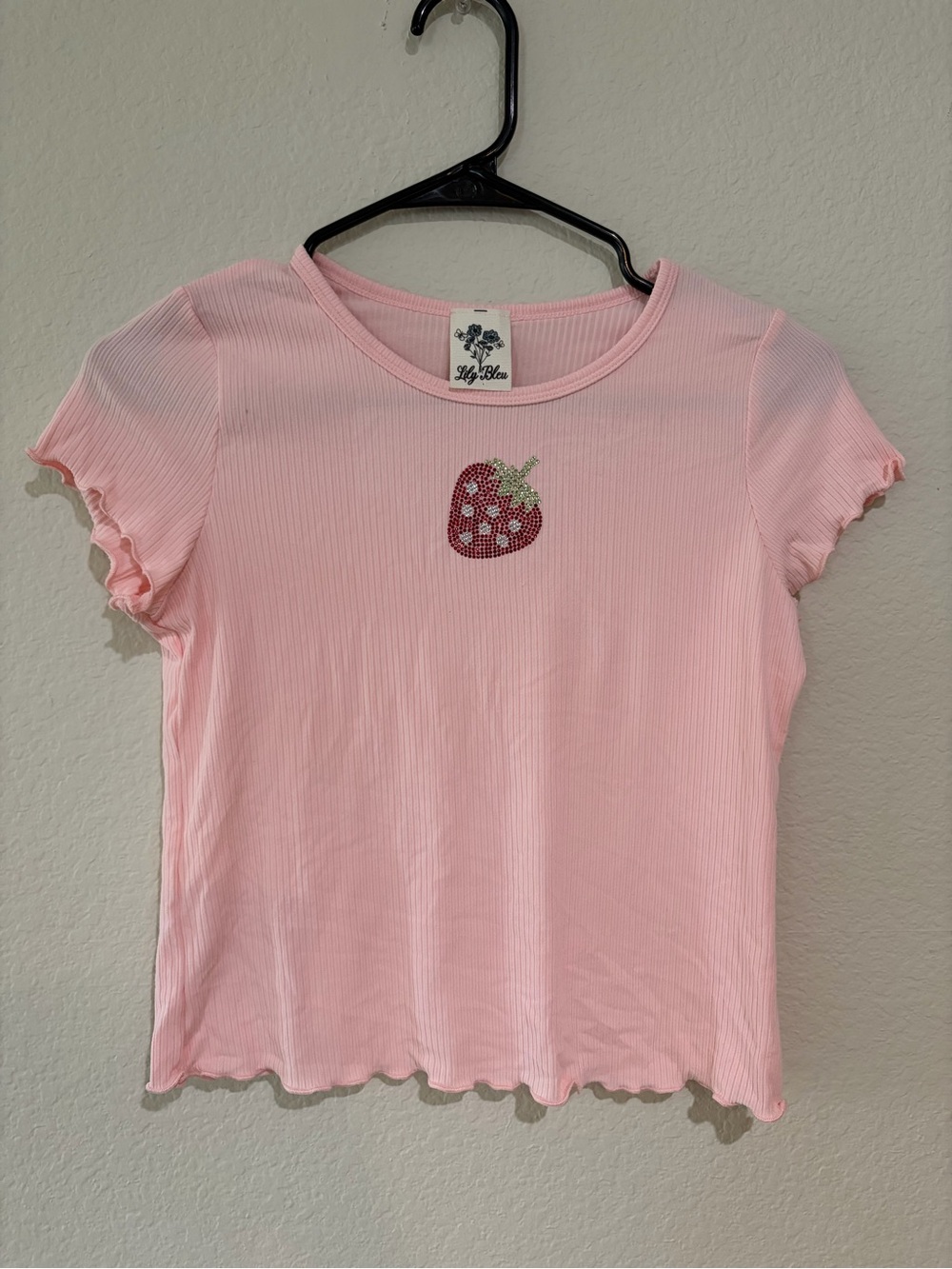 Lily Bleu Girls XL 16 Pink Ribbed Strawberry Rhinestone Short Sleeve Shirt Tee